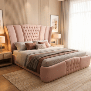 Luxury pink upholstered bed with curved tufted headboard and elegant bedroom interior.