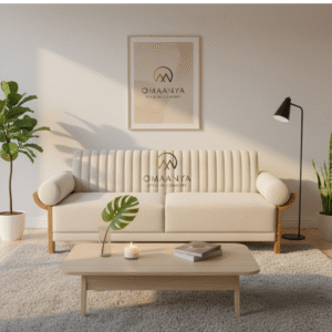 Mid-Century Modern beige 3-seater sofa with vertical channeling and exposed wooden frame.