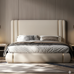 Cream upholstered bed with gold trim and vertical channel headboard.