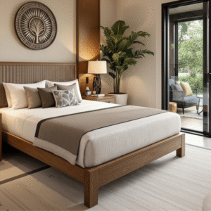 Wooden bed with beige bedding in a cozy modern bedroom.