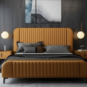 Luxurious tan upholstered bed with vertical channel stitching and rounded headboard.