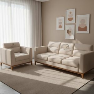 Minimalist beige 3-seater sofa with square arms and an exposed wooden frame.
