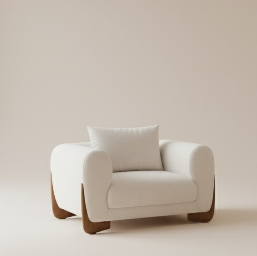 Modern off-white fabric sofa set with curved arms, includes a three-seater sofa and two armchairs on a wood base.