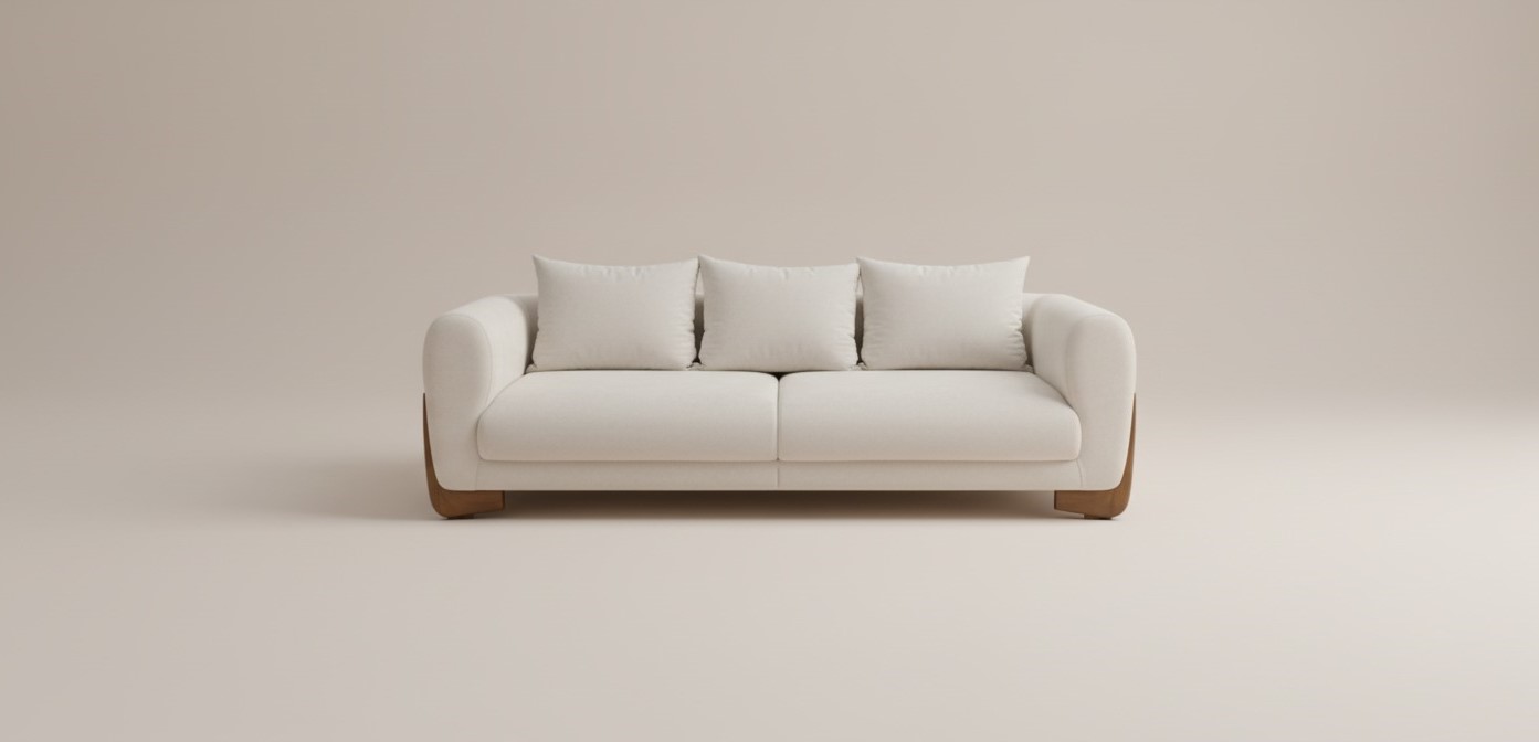 Modern off-white fabric sofa set with curved arms, includes a three-seater sofa and two armchairs on a wood base.