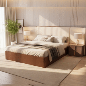 Modern cream and brown upholstered bed with a wide, minimalist headboard.